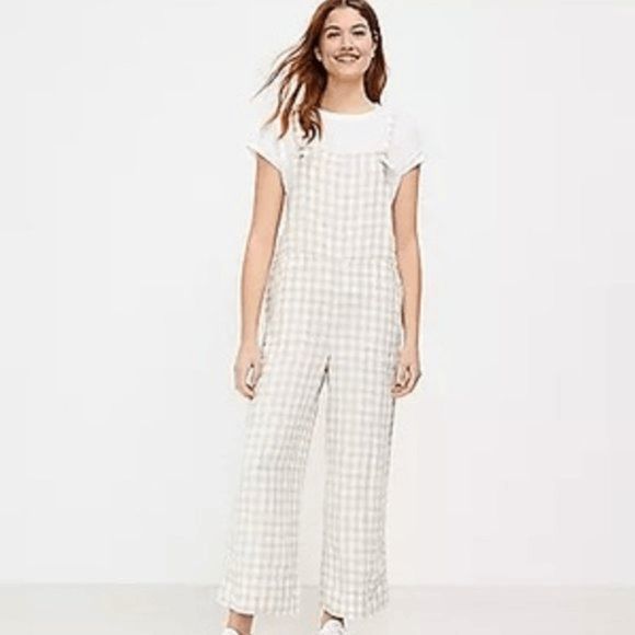 Lou & Grey Pants - Lou & Grey Women's Cream Beige Gingham 100% Linen Overalls Size M